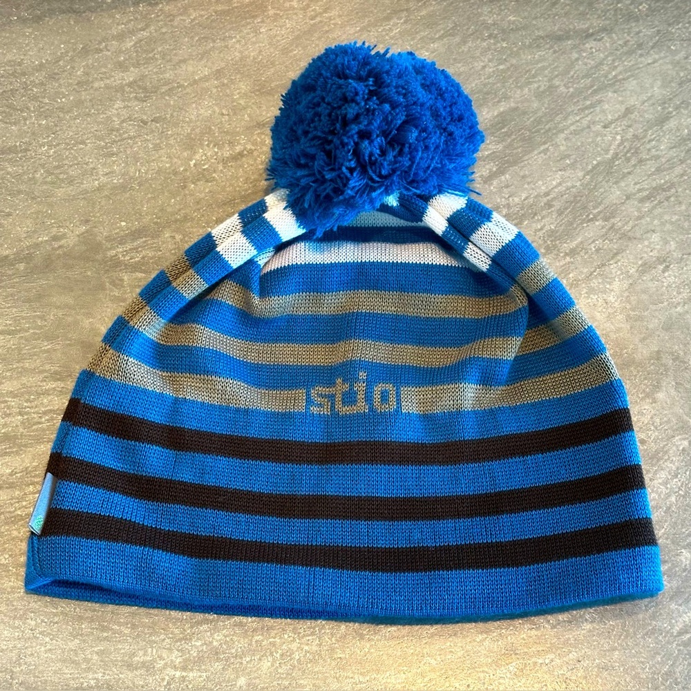 Stio Blue Striped Beanie with Pom Pom